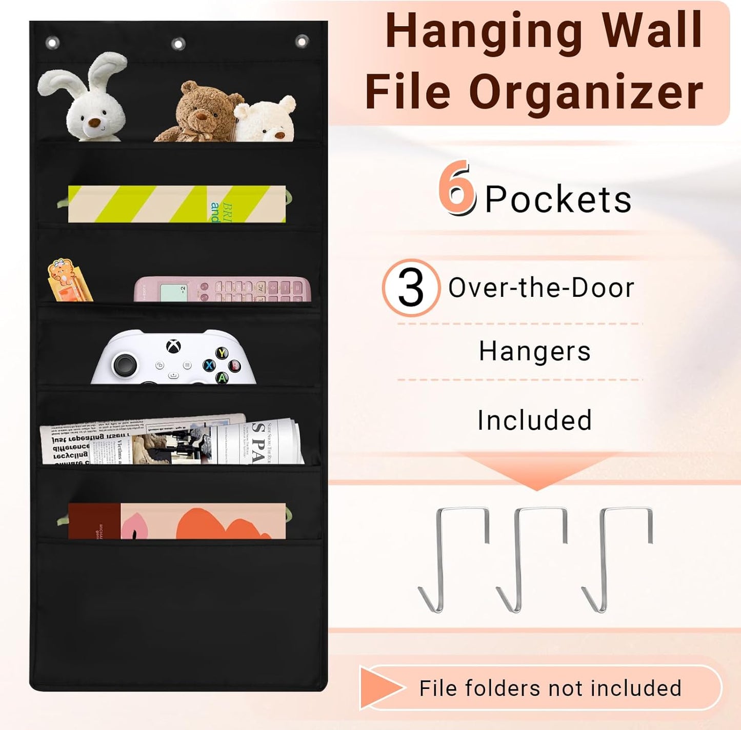 6-Pocket Hanging Wall File Organizer with 3 Hangers