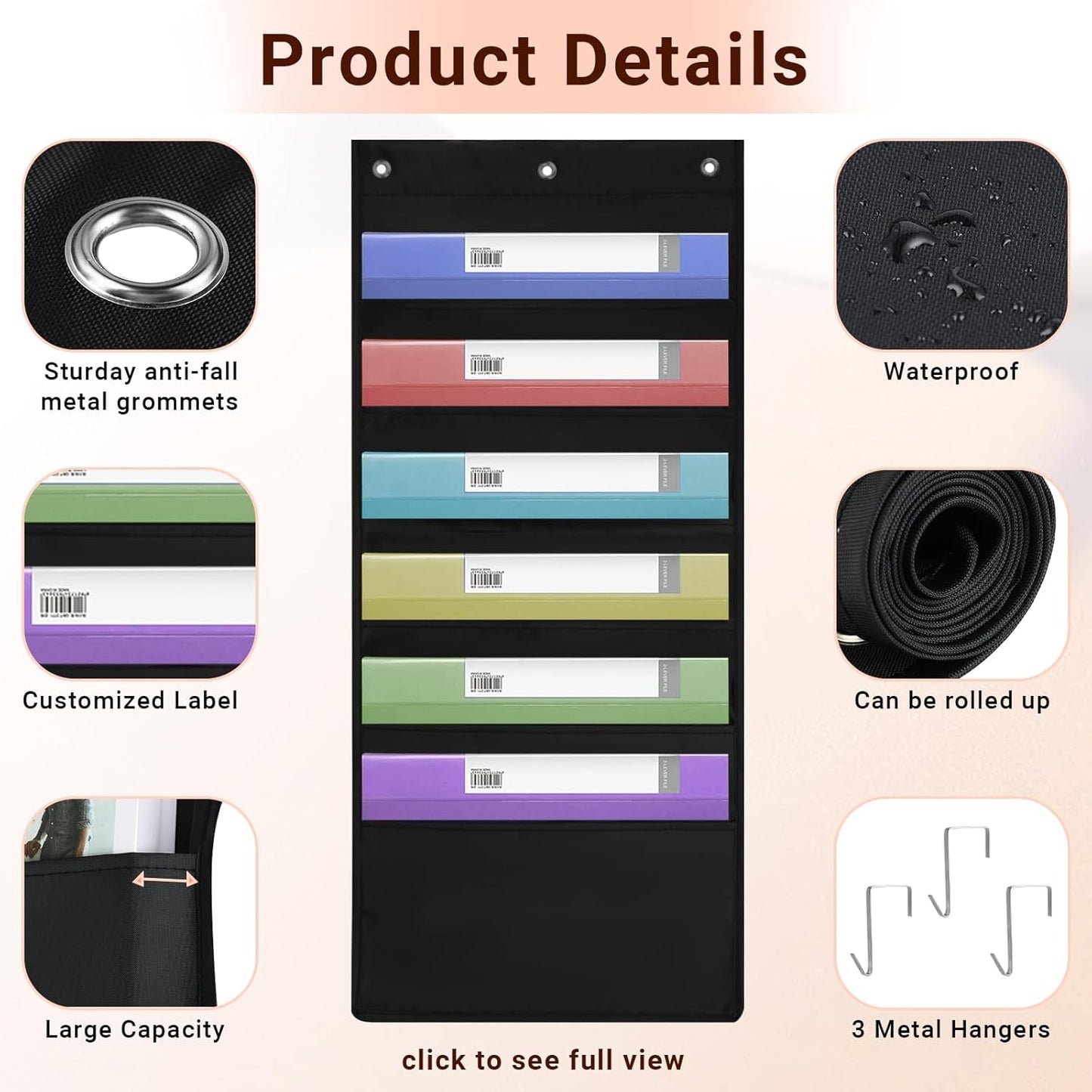 6-Pocket Hanging Wall File Organizer with 3 Hangers